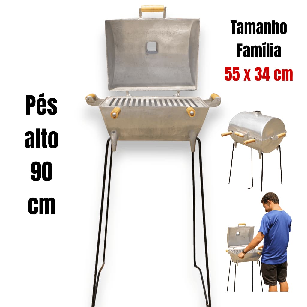 Churrasqueira Grande a Bafo em Alumínio Batido/Fundido com Pés Altos 90 cm e Cabos em Madeira