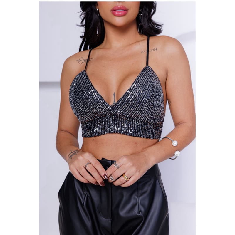 Cropped Amarração Paetê brilho moda balada moda rave Diversas Cores Fim de ano