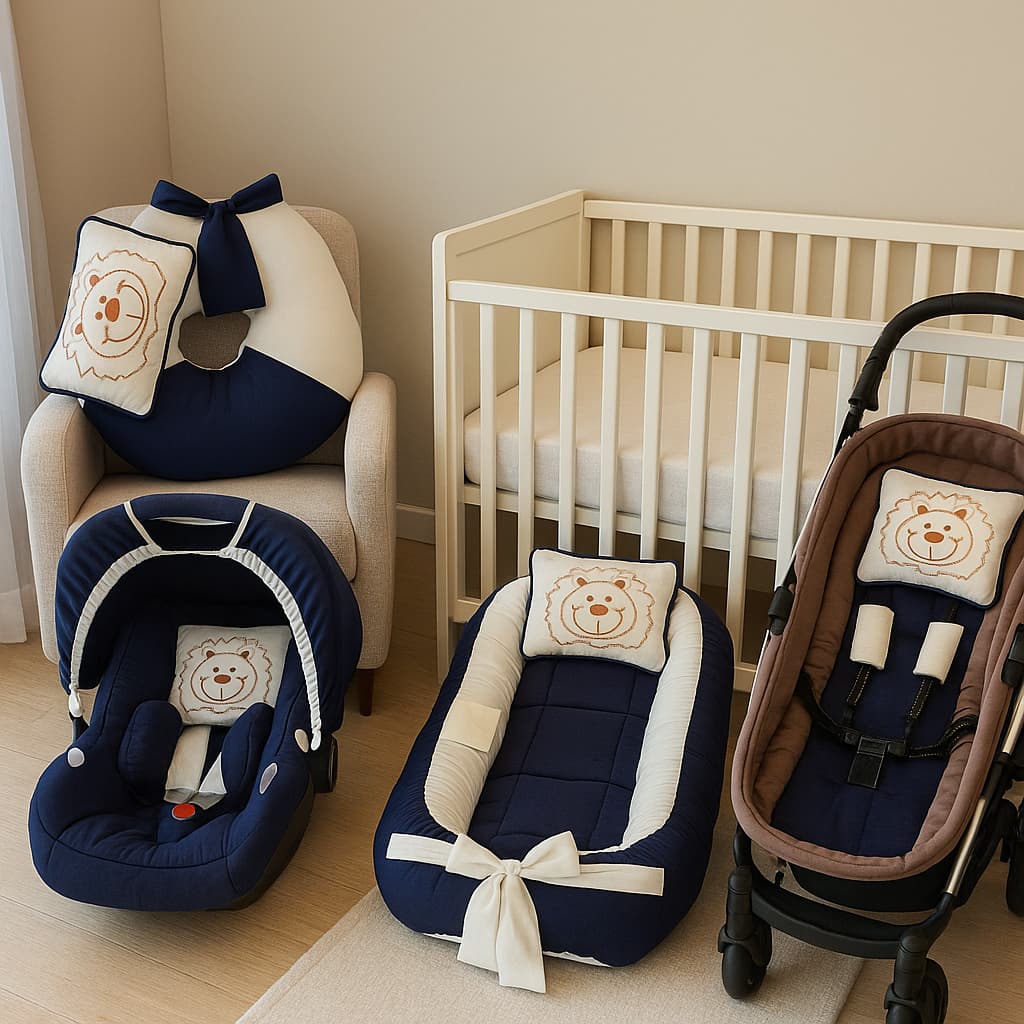 Kit Enxoval de Bebê 8 Peças: Ninho Redutor, Almofada de Amamentação, Capa Bebê Conforto e Carrinho