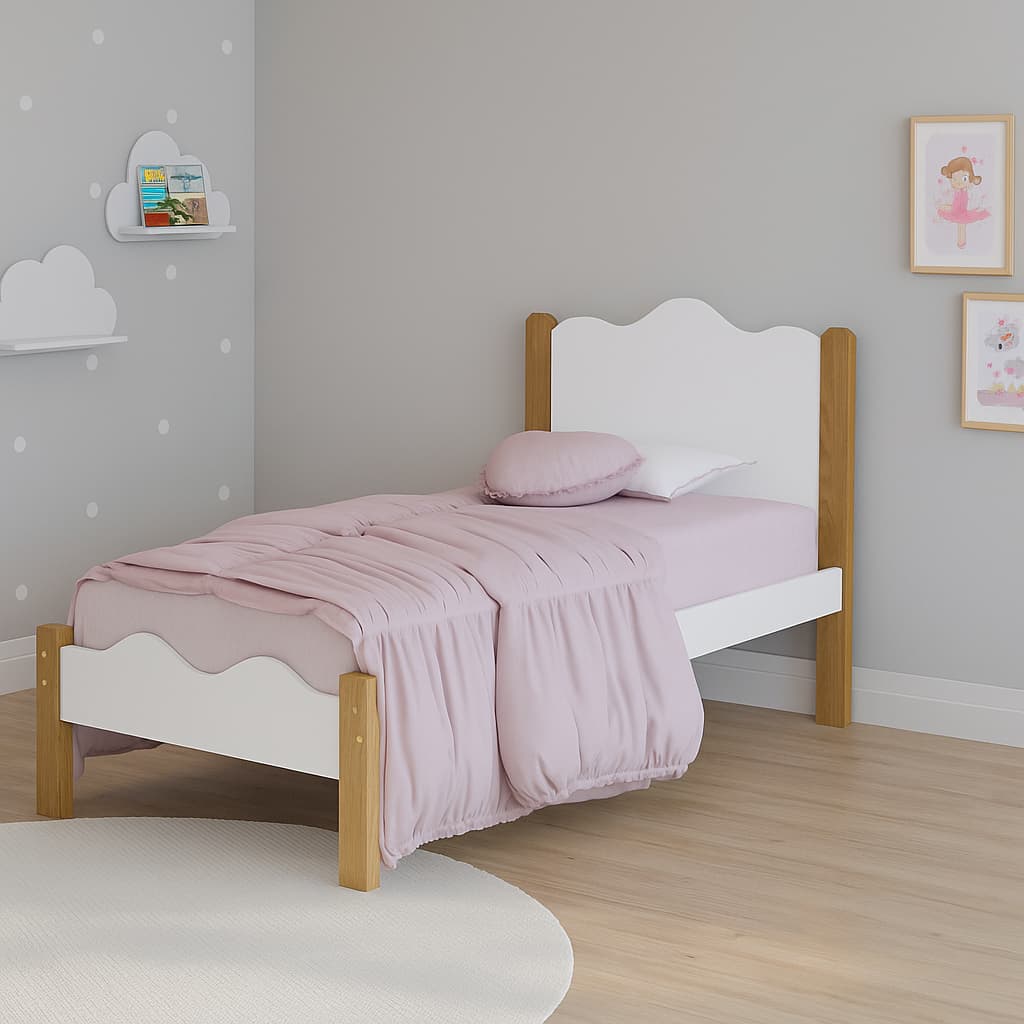 Cama Solteiro Infanto Juvenil Nina Reforçada 100% MDF Branco ou Branco/Nature