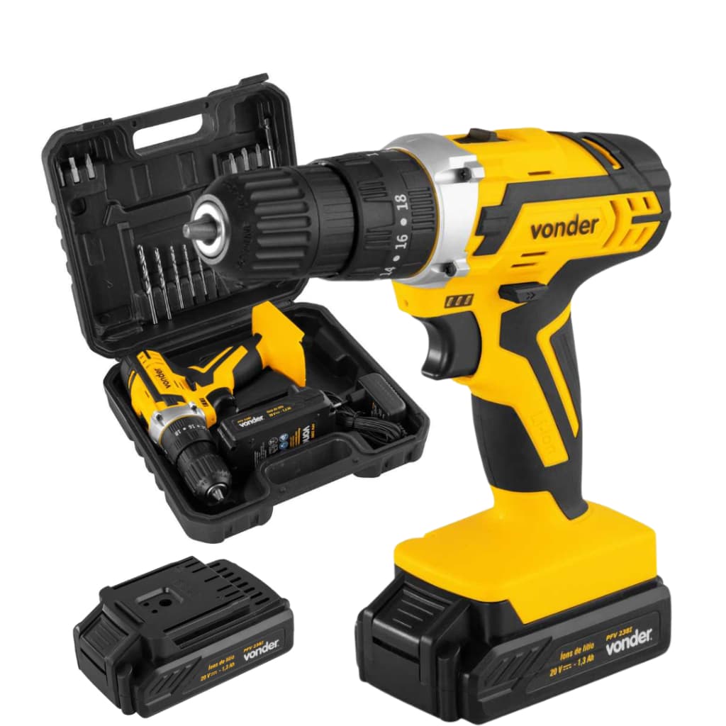 Parafusadeira Furadeira De Impacto Vonder PFV 238I 20V Com Maleta Bateria E 13 Acessórios Bivolt