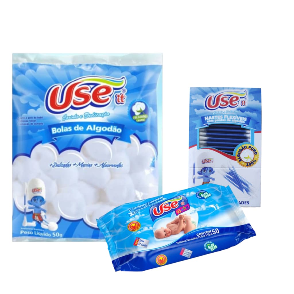 Kit Bebê Cuidados Use It -Algodão Haste Flexível Toalha Lenço Umedecida Maternidade e Higiene