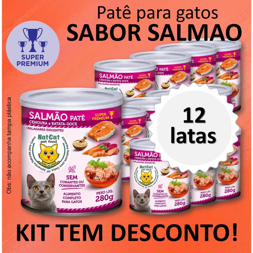 Kit Ração Úmida Patê Natural Gatos Maximo Sabor Salmão NatCat Pet Food Ração Molhada