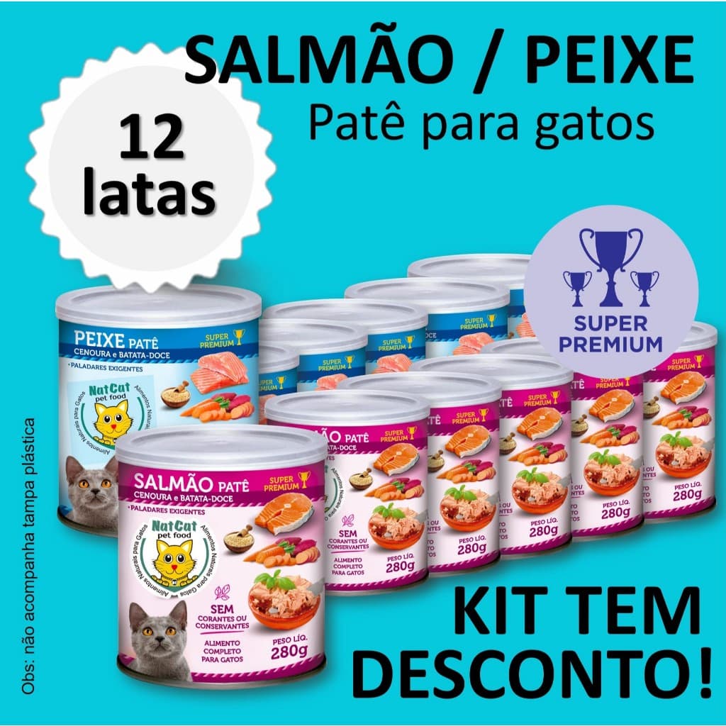 Kit Ração Úmida Patê Natural Gatos Maximo Sabor Peixe Salmão NatCat Pet Food Ração Molhada