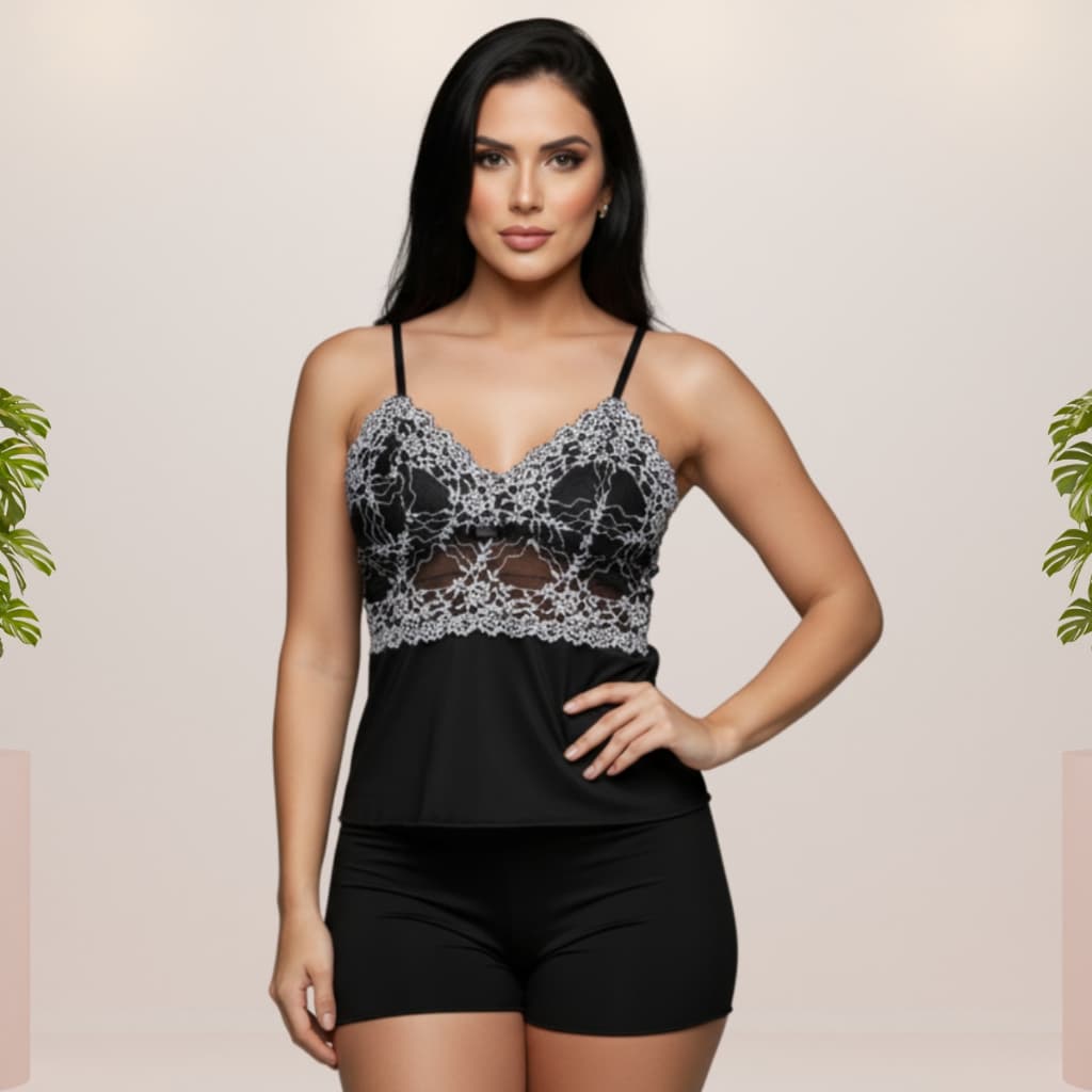 Baby Doll de Renda Sensual Confortável Transparente Short Luxo Fresco Sem Bojo