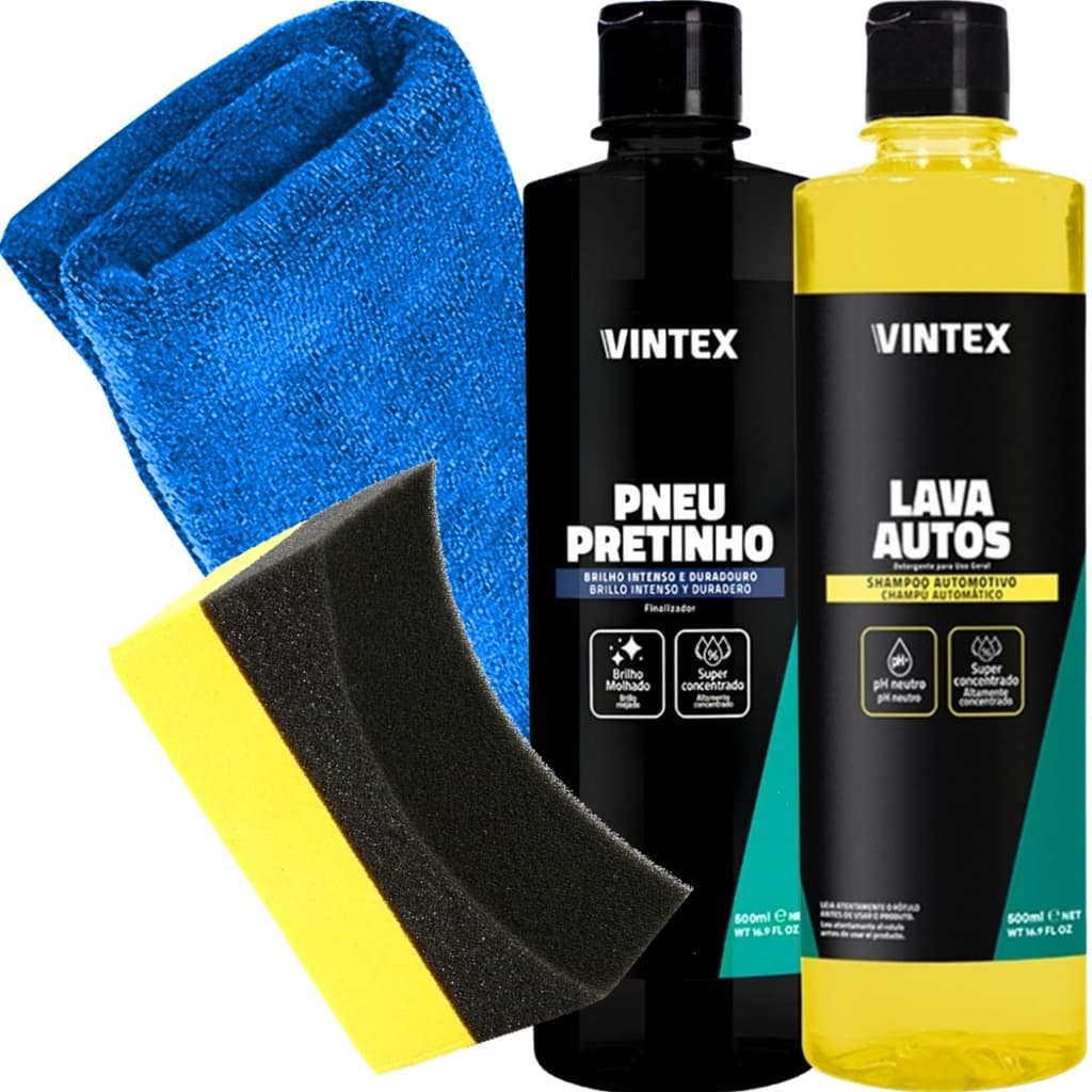 Kit Lavagem Vonixx Estética Automotiva Shampoo Vintex para Carro Moto Pneu Pretinho Aplicador Toalha Microfibra