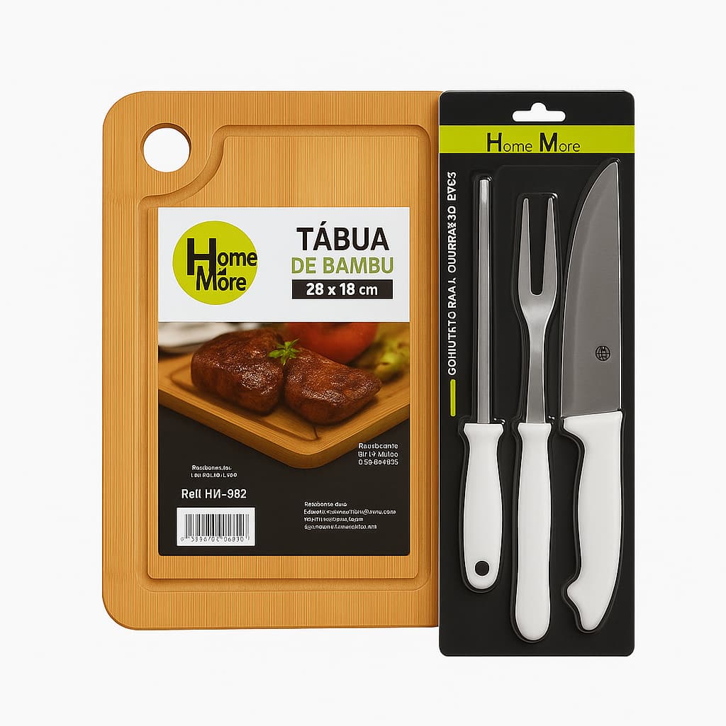 Kit 4 Peças Tabua Faca Chaira Garfo Inox Churrasco Cozinhar Churrasqueiro