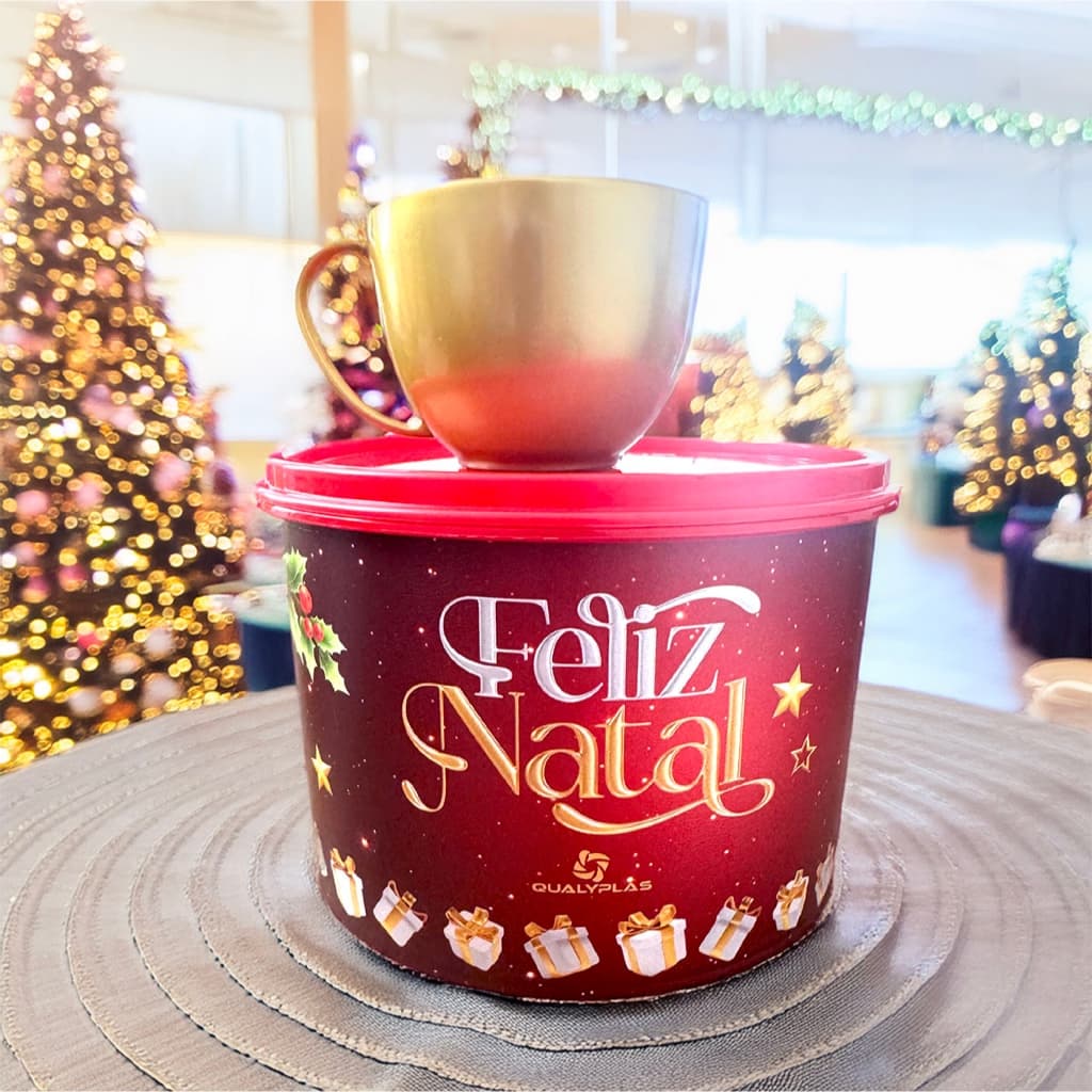 Pote de Natal + 4 Xícaras Douradas – Kit Especial para Presentear!