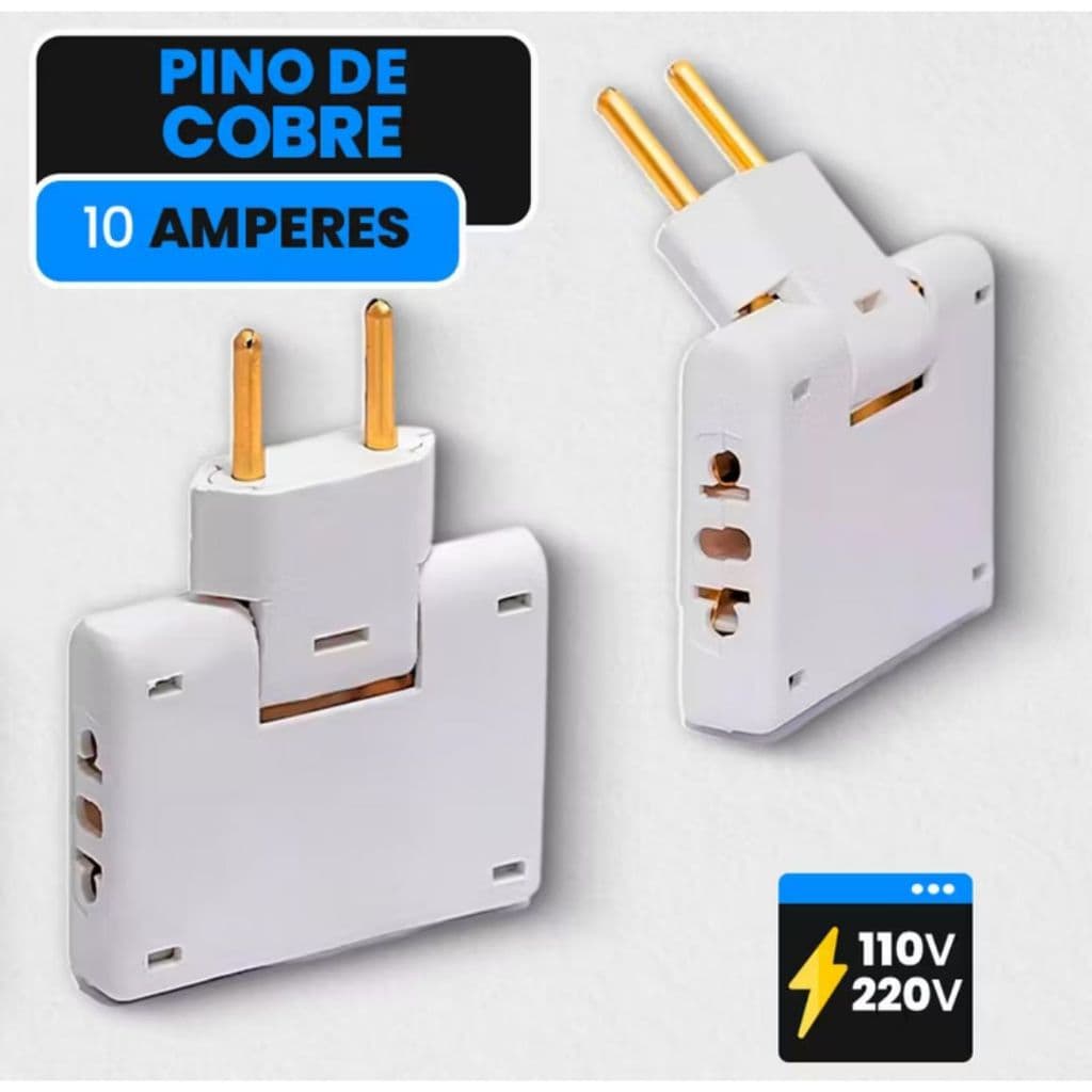Adaptador tomada Articulado Dobrável c/3 entradas 110V/220V Deslocado 10A Resistente Bivolt