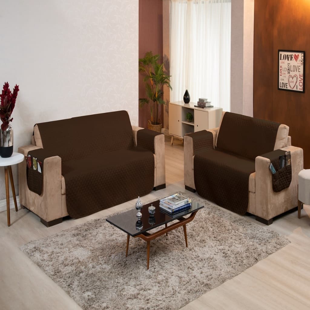 Kit Capa Protetor de Sofá 2 e 3 Lugares Matelado Com Porta Acessórios