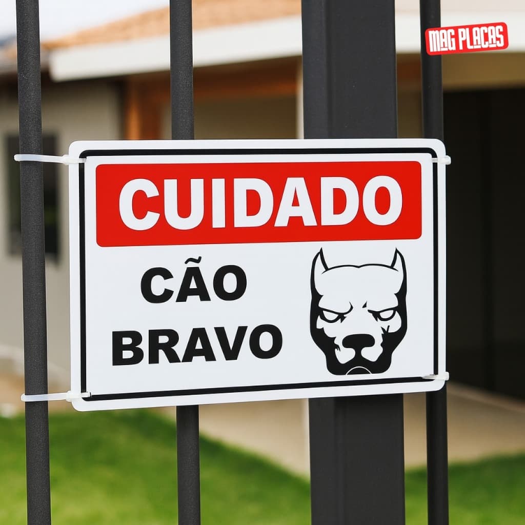 Placa Cuidado Cão Bravo 30x20cm e 19x14cm
