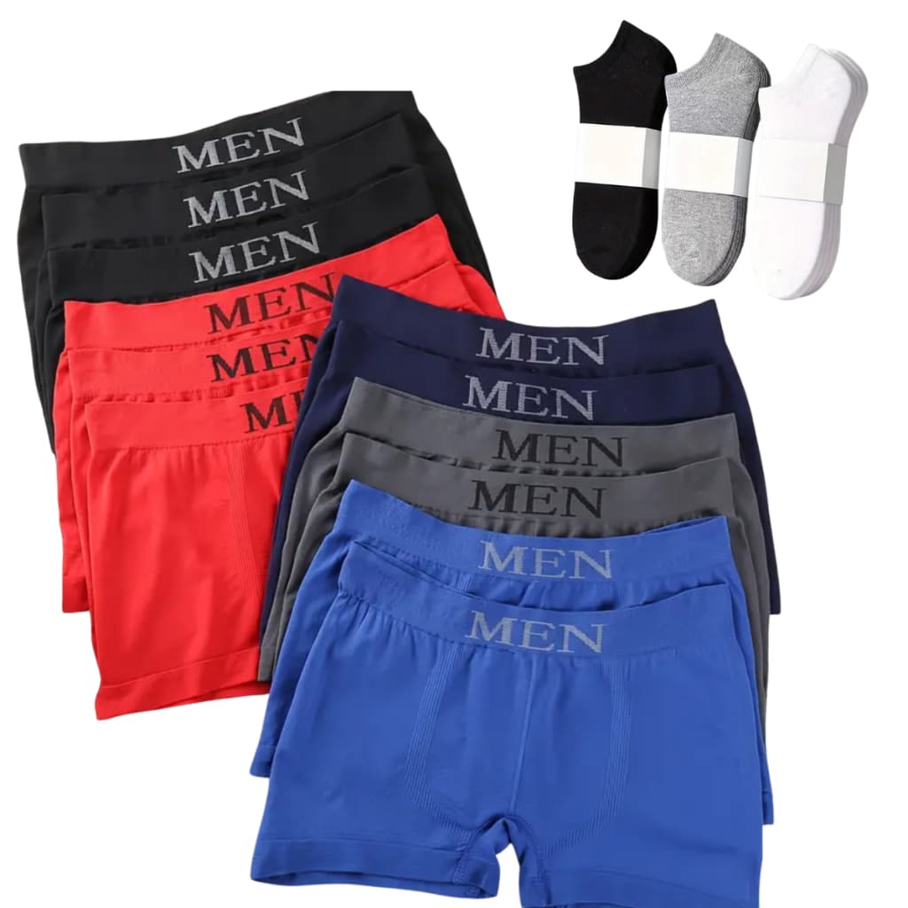Kit 20 Cuecas Boxer Masculina Microfibra + 24 Meias Soquete Algodão Conforto Premium Masculino