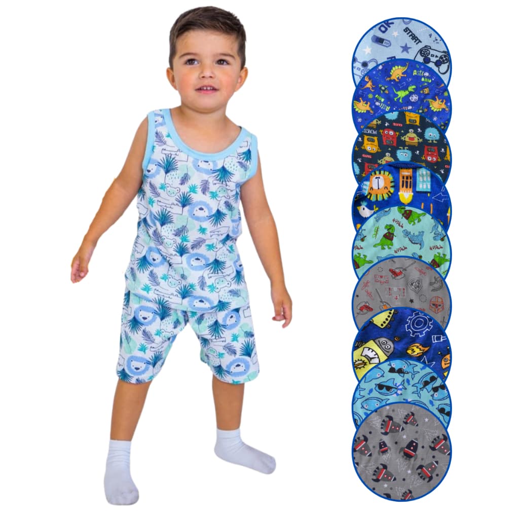 Conjunto Pijama Masculino Infantil - Regata e Shorts Bebê e Criança de 1-8 Anos - Noite Quente Verão