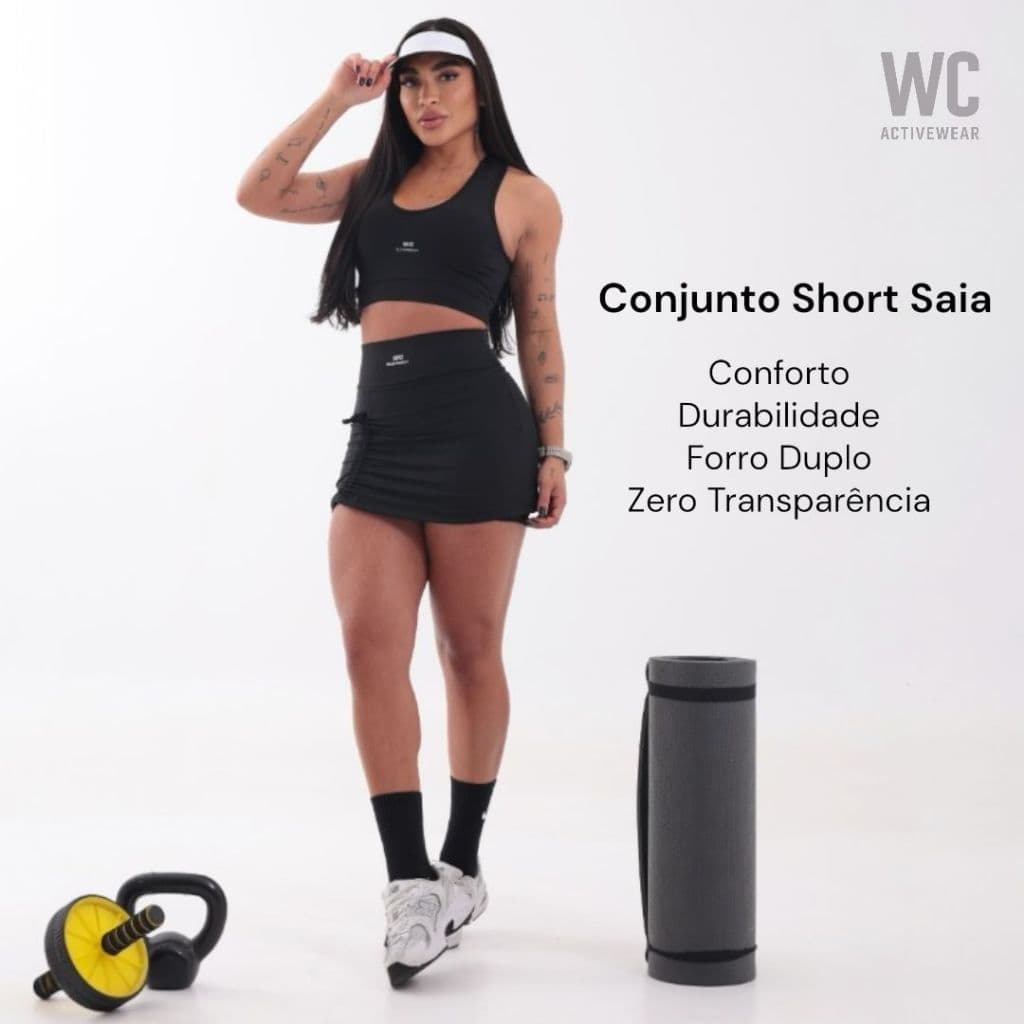 Conjunto Shot Saia Feminino Preto Suplex Com Top Para Academia Corrida Beach Tennis Esporte Em Geral