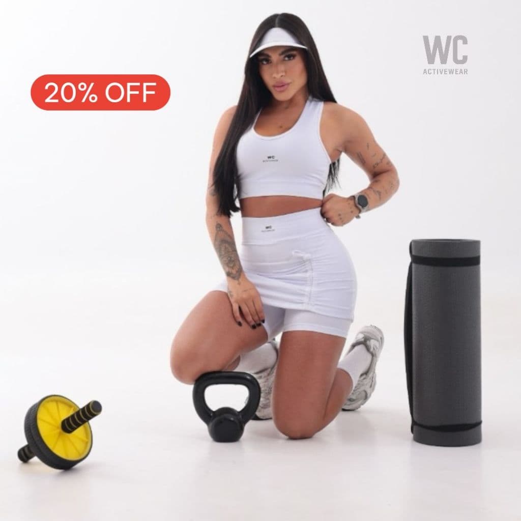 Conjunto Academia Branco Levanta Bumbum Shots Saia Feminina Zero Transparencia, Top + Shot