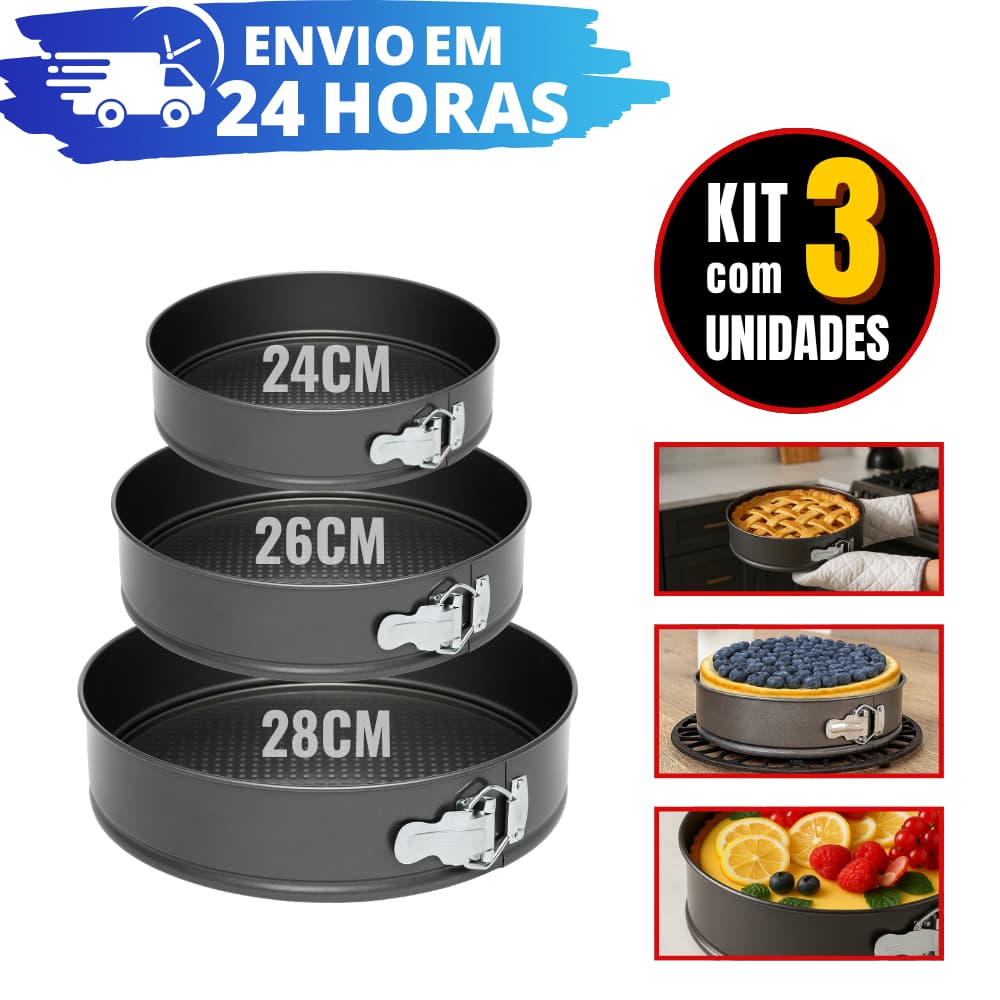Kit 3 Formas com Fundo Removível Antiaderente para Torta Bolo Doces Salgados