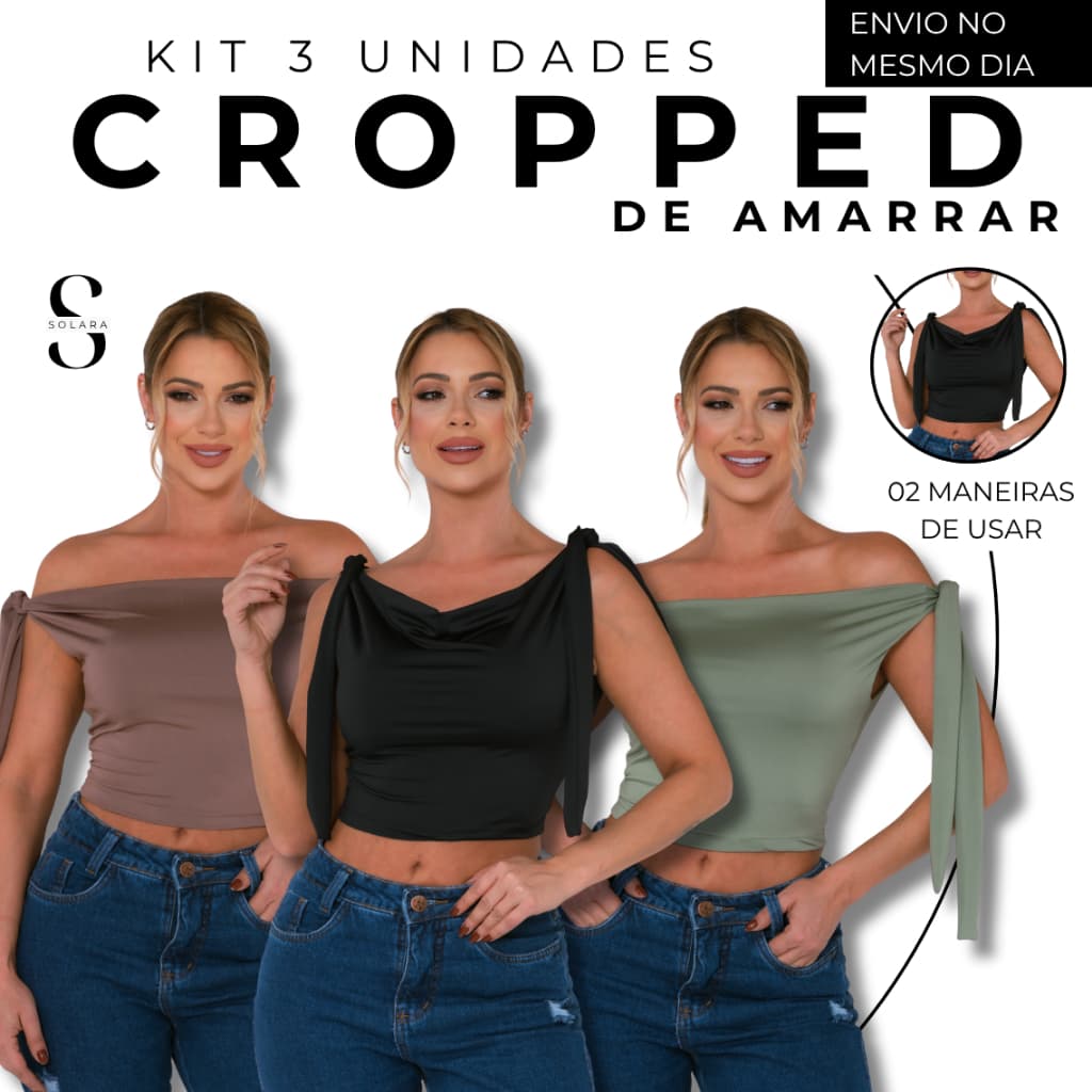 KIT 03 Cropped 2 Em 1 Amarração Ajustavel Decote Ombro A Ombro Blusa Elegante Feminino