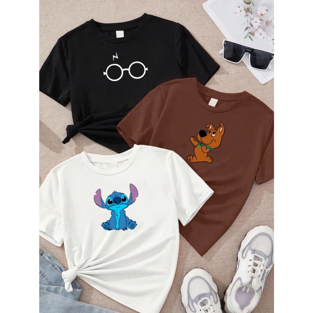 Kit 3 Camiseta Feminina De Algodão Baby Look Estampada Scoob/Stch/Harry óculos