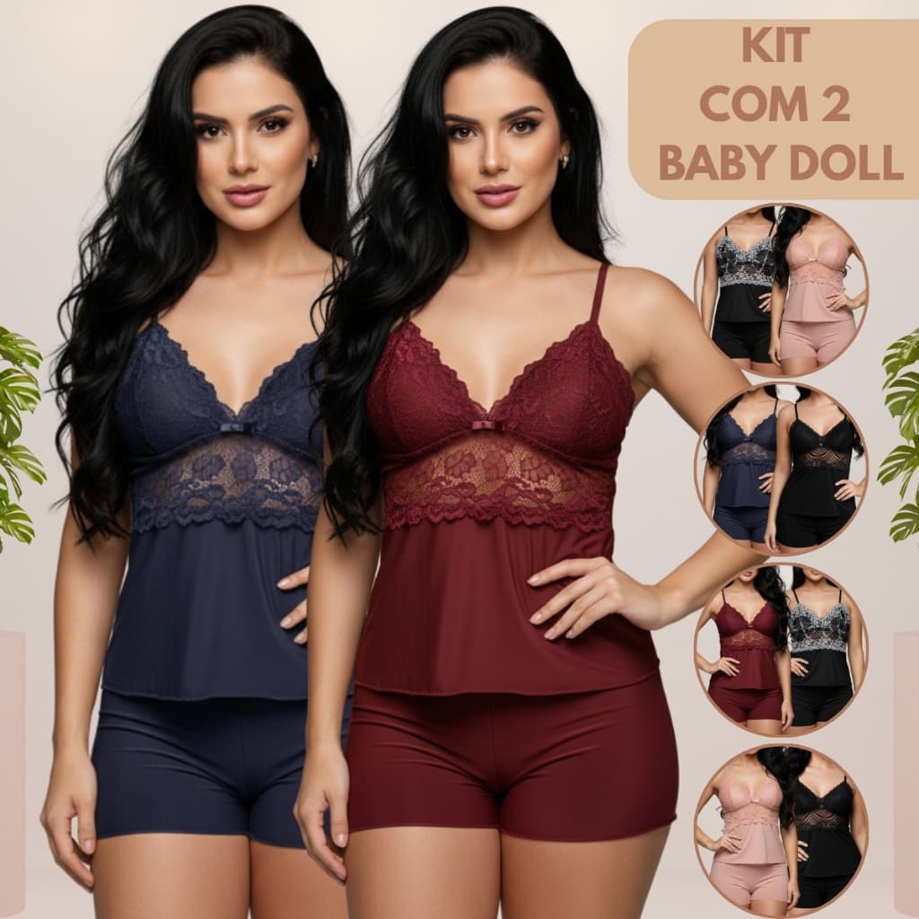 Kit 2 Baby Doll Short Confortável Renda Sensual Delicada Fresco Noite