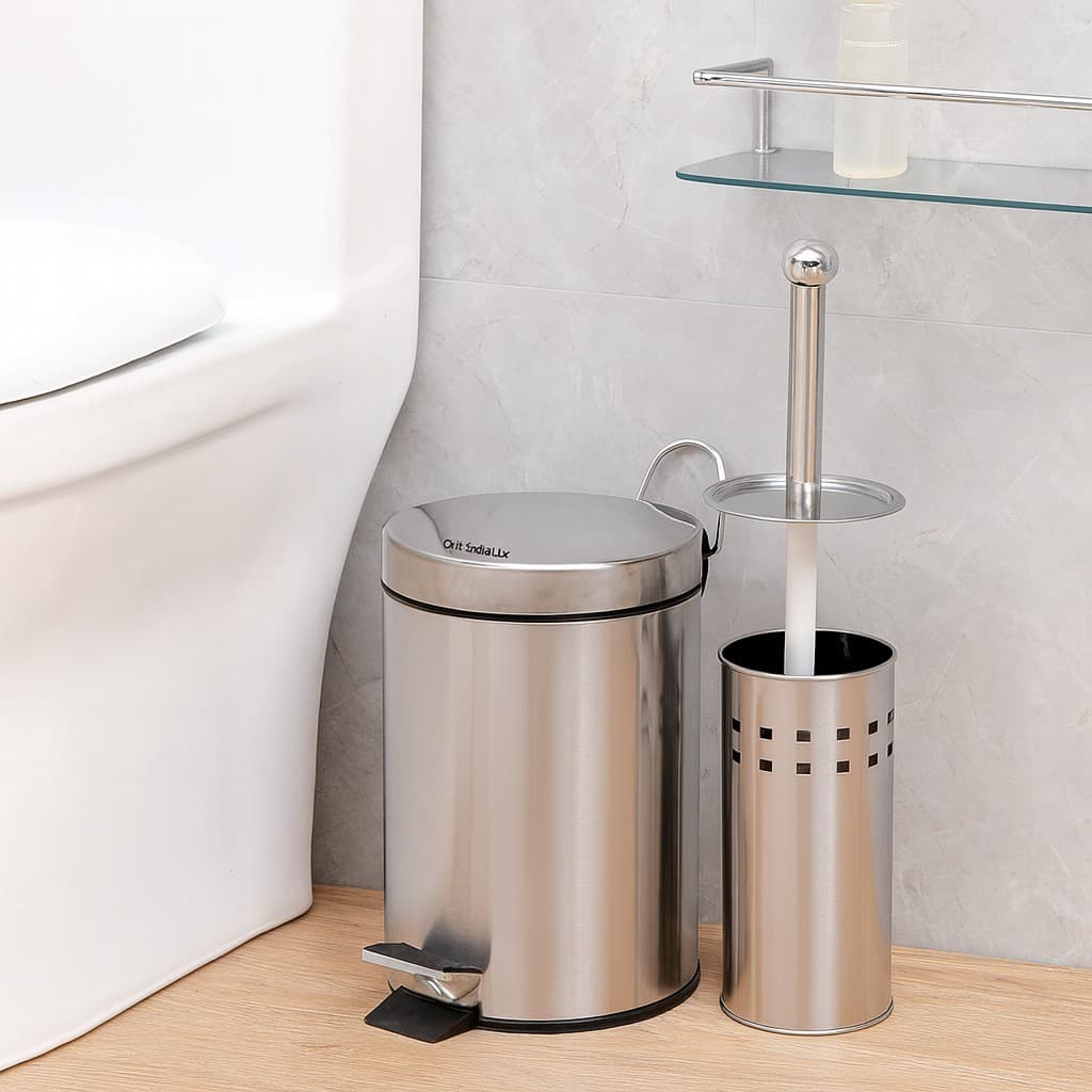 Lixeira Inox 5L + Escova Sanitária | Kit Banheiro Compacto com Tampa e Suporte