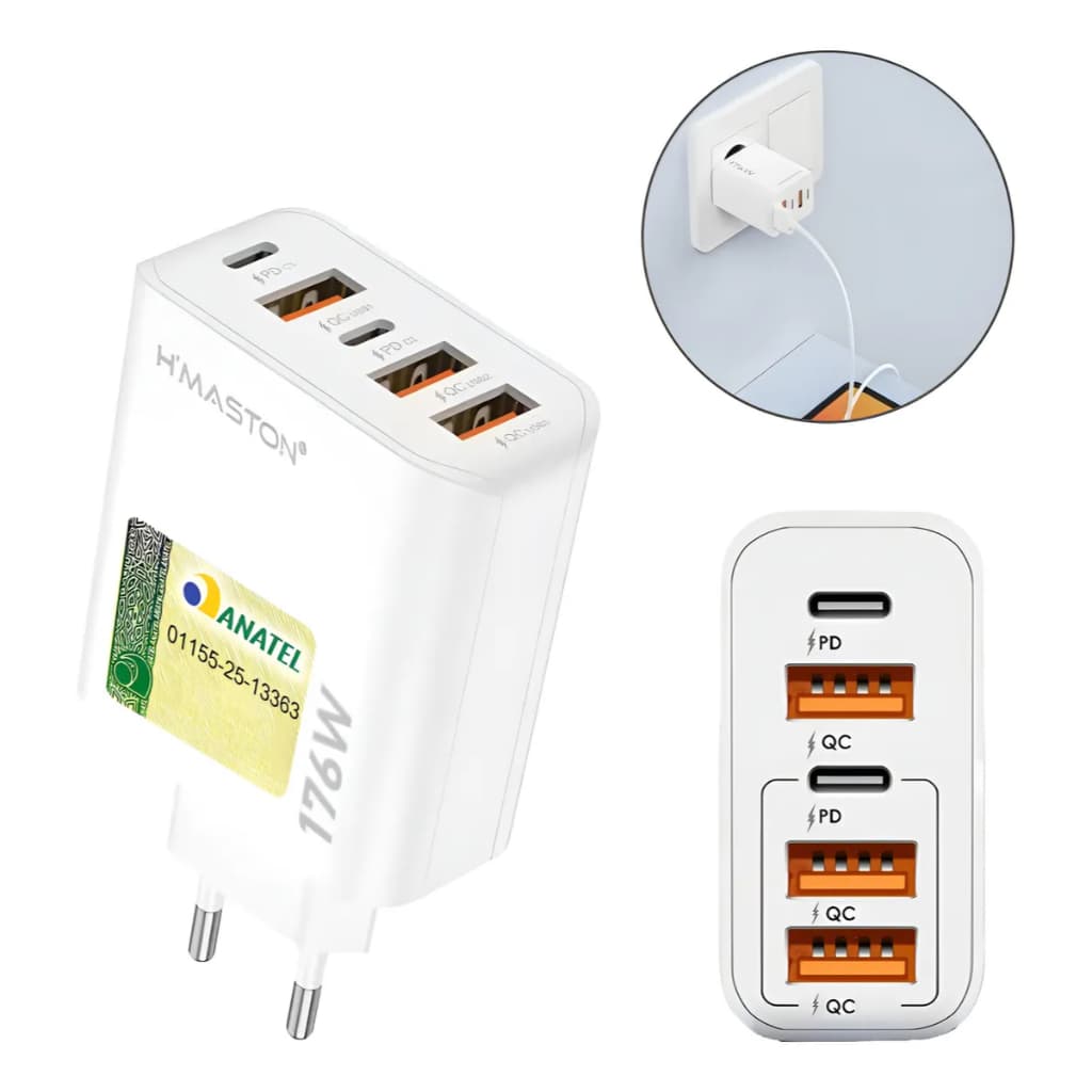 Fonte Carregador Turbo 176w Rápida 5 Saídas Usb E Tipo-c