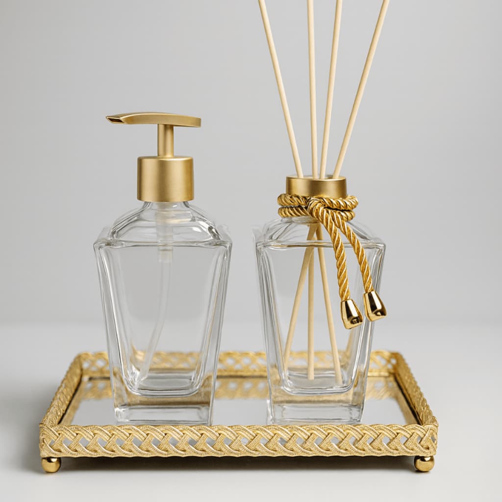 Kit Lavabo Frasco De Vidro Diamante Luxo 280ml Rosca 28/410 Saboneteira Difusor Aromatizador