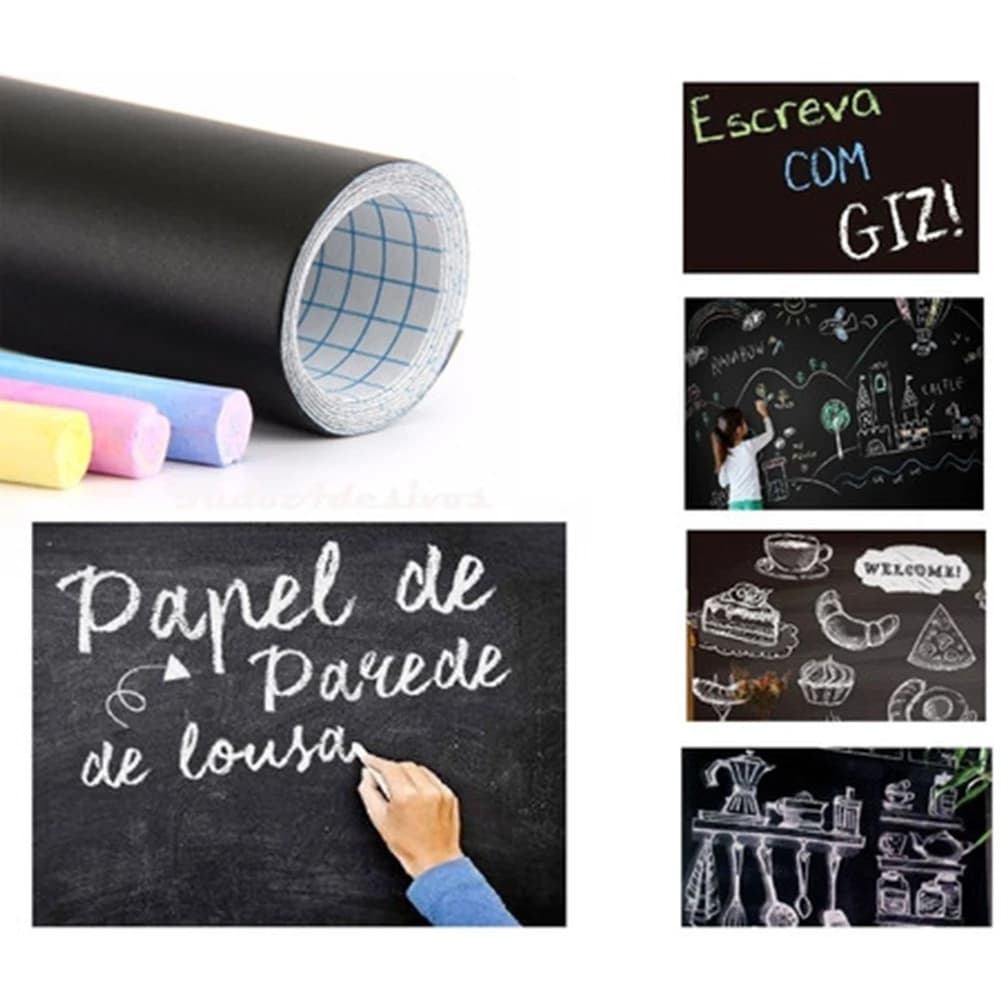 Papel de Parede Adesivo Quadro Negro 🖍️ 2m x 45cm + 5 Gizes Coloridos ✨ Lousa Decorativa Lavável