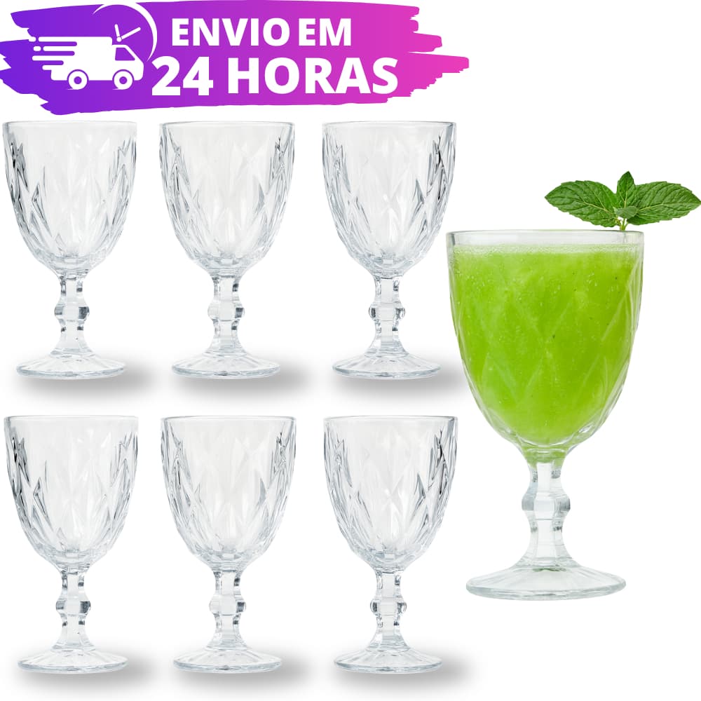 Jogo 12, 6 e 4 Taça Diamante Transparente 340ml Copo Vidro Reforçado