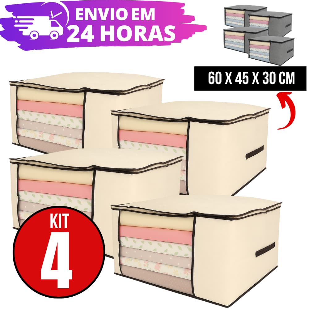 Kit 4 Caixas Organizadoras de Roupas Calçados Cobertas TNT Com Tampa Ecológico AntiPoeira 60x45x30cm