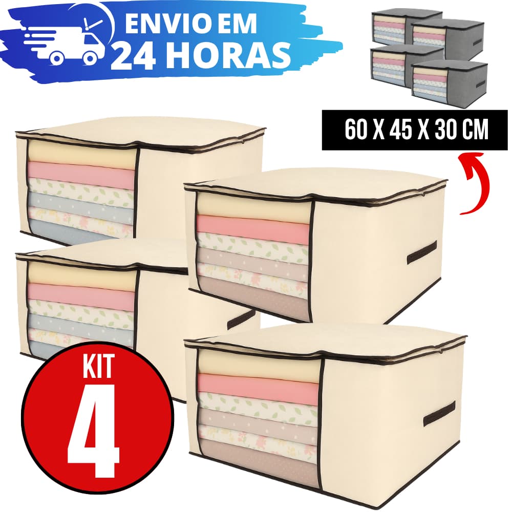 Kit 4 Caixas Organizadoras de Roupas Cobertas Calçados TNT Com Tampa Ecológico AntiPoeira 60x45x30cm