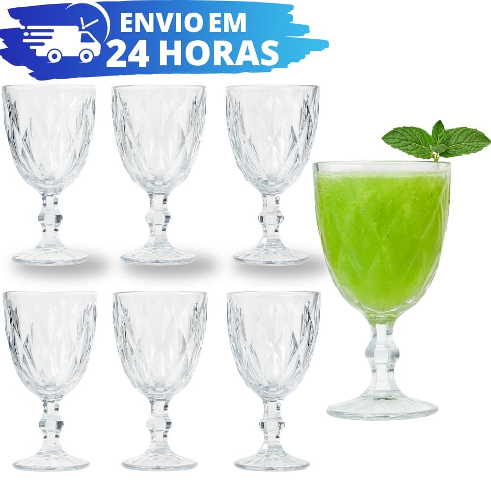 Jogo 12, 6 e 4 Taça Diamante Vinhoo Copo Vidro Transparente Reforçado Bico De Jaca 340ml