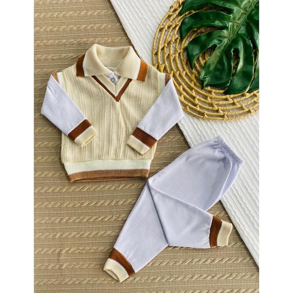 Conjunto Recém-Nascido Menino 3 Peças Body Gola + Mijão + Colete em Tricot RN