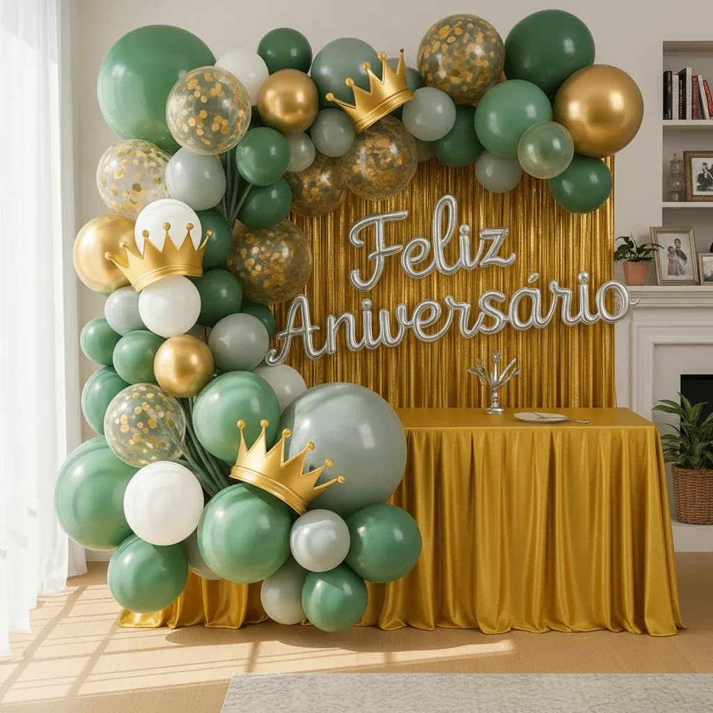 Kit Decoração de Festa Feliz Aniversário Balão Bexiga Cortina Metalizada Arco Desconstruído Completo