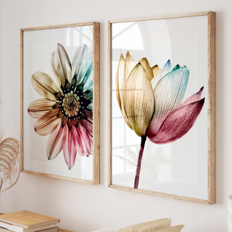 Quadros Decorativos com Moldura Sala Quarto Kit Duo Flores Coloridas Moderno Clássico Florais Vidro