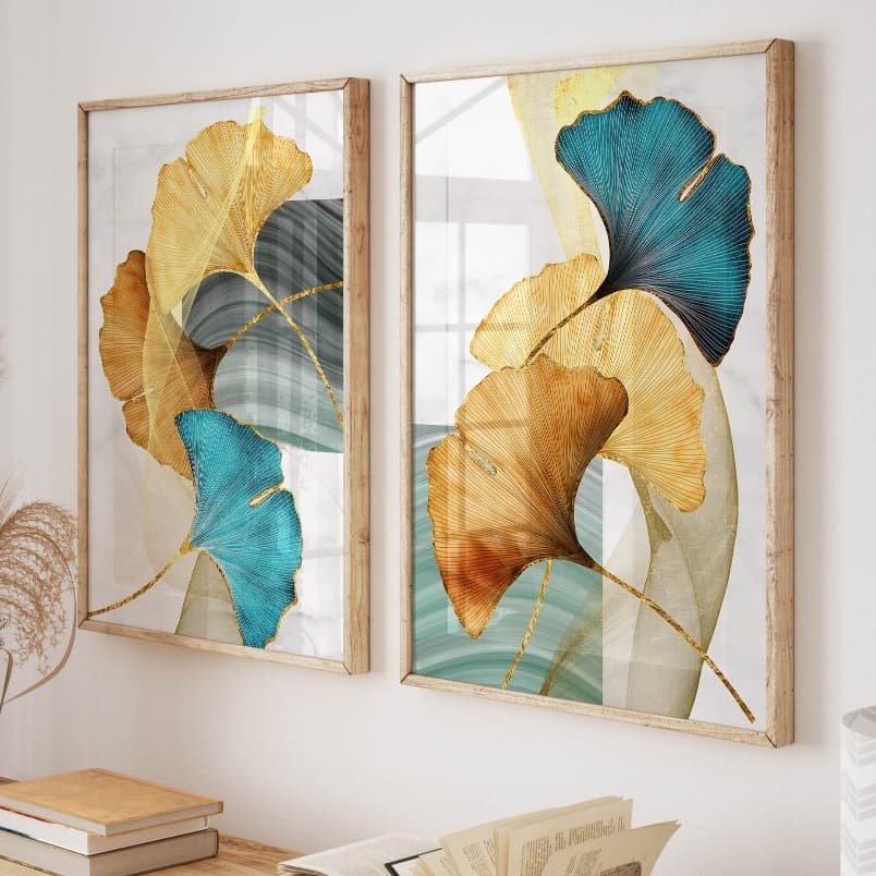 Kit 2 Quadros Decorativos com Moldura Sala Quarto Folhas Sofisticadas Dourado e Turquesa Mininalista