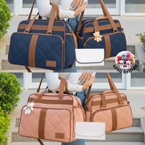 Kit 02 Peças Bolsa Grande Pequena Bebê Menino Menina Unissex Impermeável Com trocador e Urso