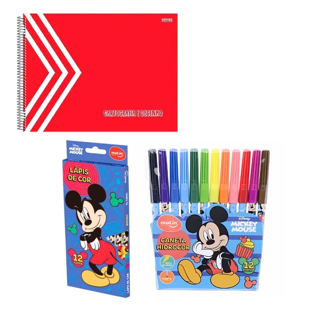 Kit Escolar Mickey Mouse Molin Canetas Hidrocor + Lápis de Cor + Caderno de Desenho Animativa Volta às Aulas