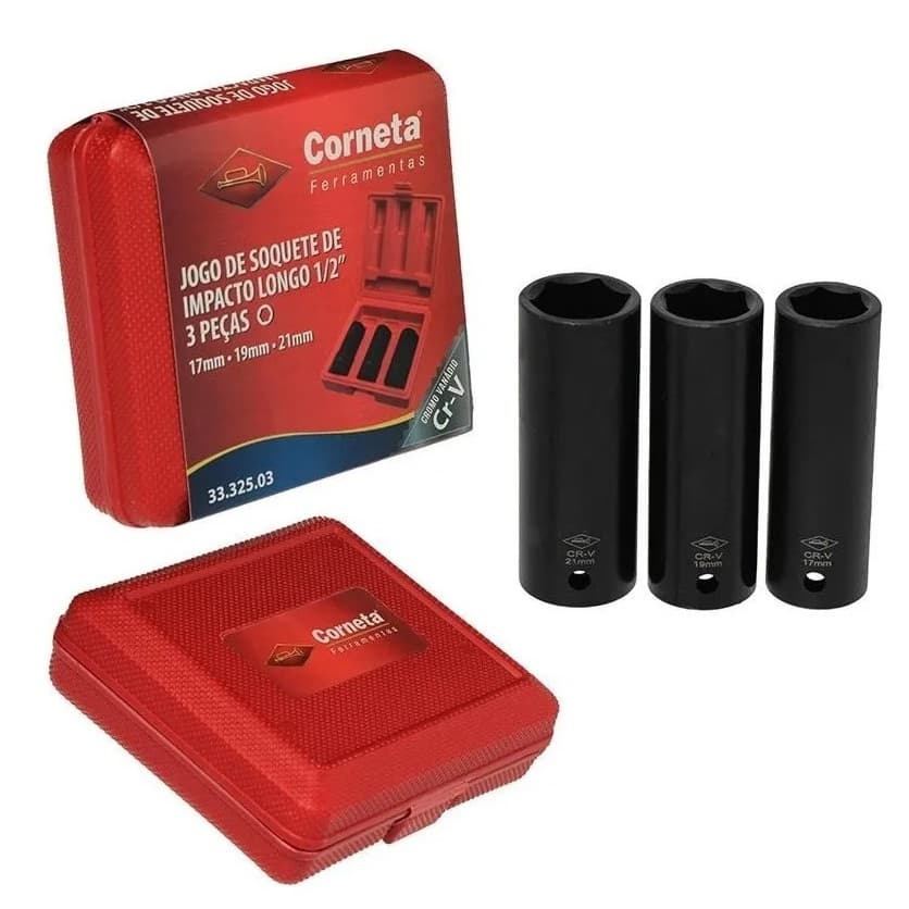 Jogo de Soquete Impacto Longo De 1/2 Com 3 Peças 17 19 e 21 Mm Profissional Corneta