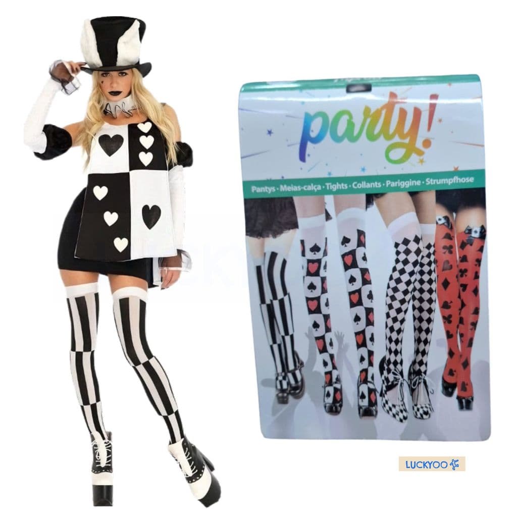 Meia 7/8 Estampada Naipes Rainha de Copas Listrado Alice Fantasia Cosplay Halloween Carnaval e Festas Geek