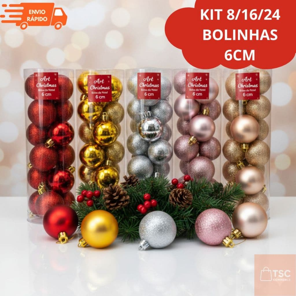 Kit 6/8 Bolinha Natal 6/7cm Mista Lisa Fosca Glitter Enfeite Natal Bola Árvore Natalina Decoração