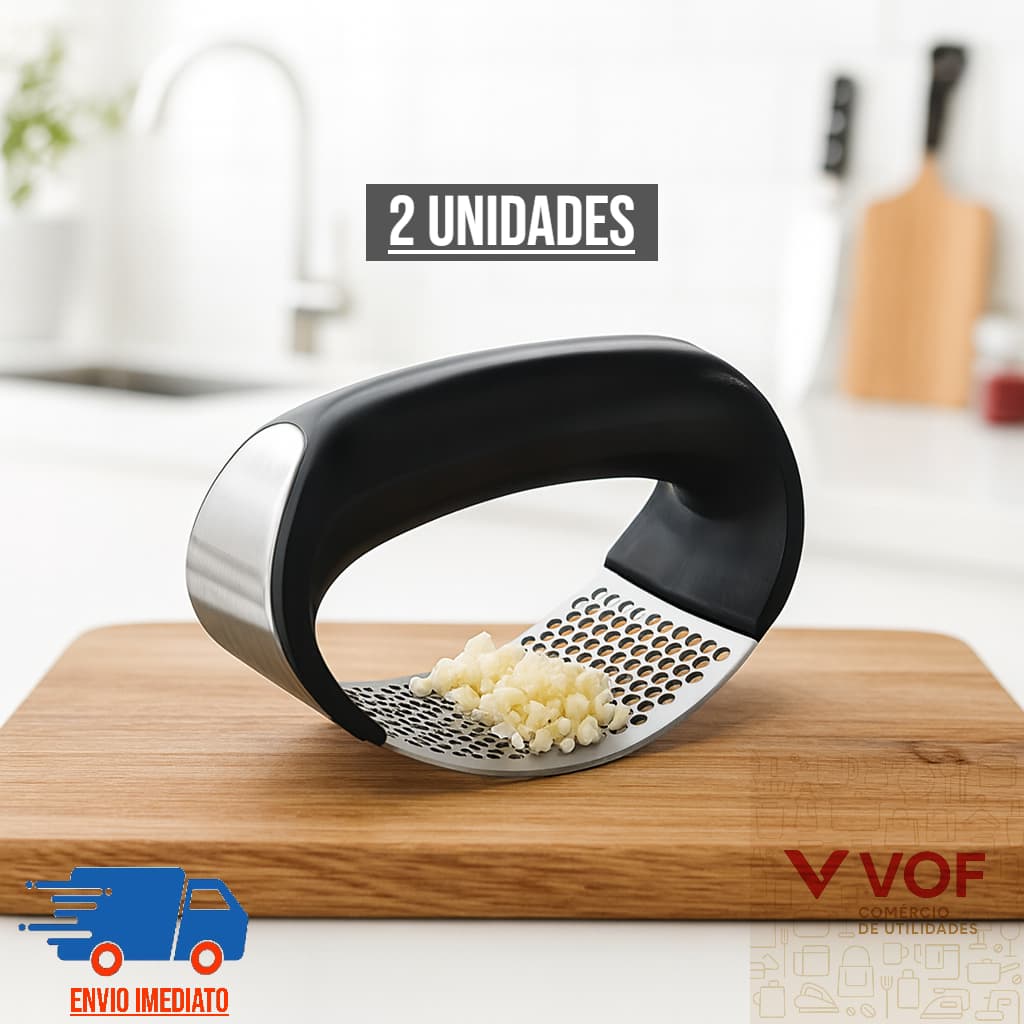 Kit 2 Amassador e Espremedor de Alho Inox Prensa Manual Triturador de Alho e Temperos Cozinha
