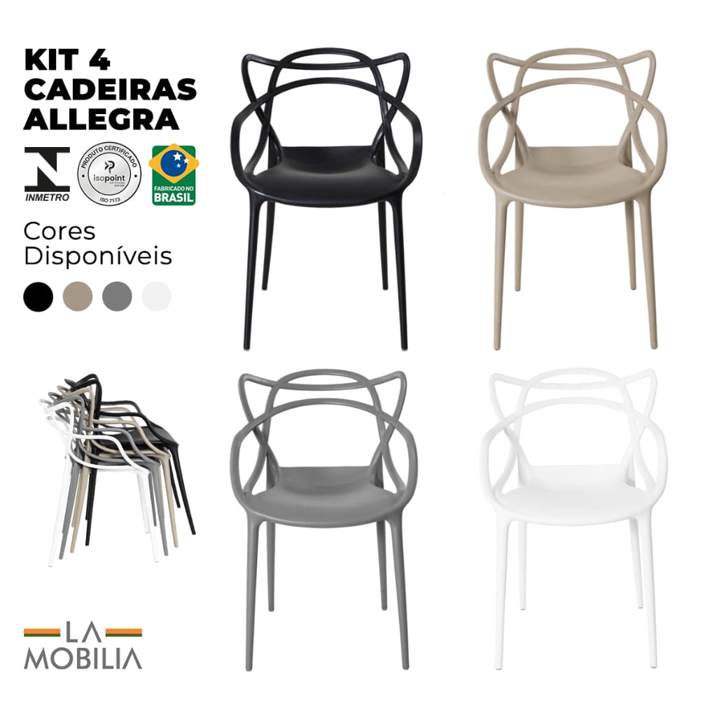 Kit 4 Cadeiras Allegra Inmetro Empilhável Ergonômica Restaurante Bar Eventos - La Mobilia