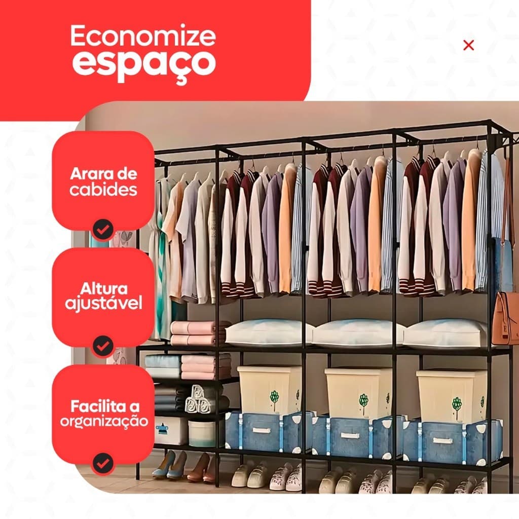 Arara Roupeiro Guarda Roupa Grande Portatil Cabideiro Para Roupa Sapateira Organizador Multiuso Armário