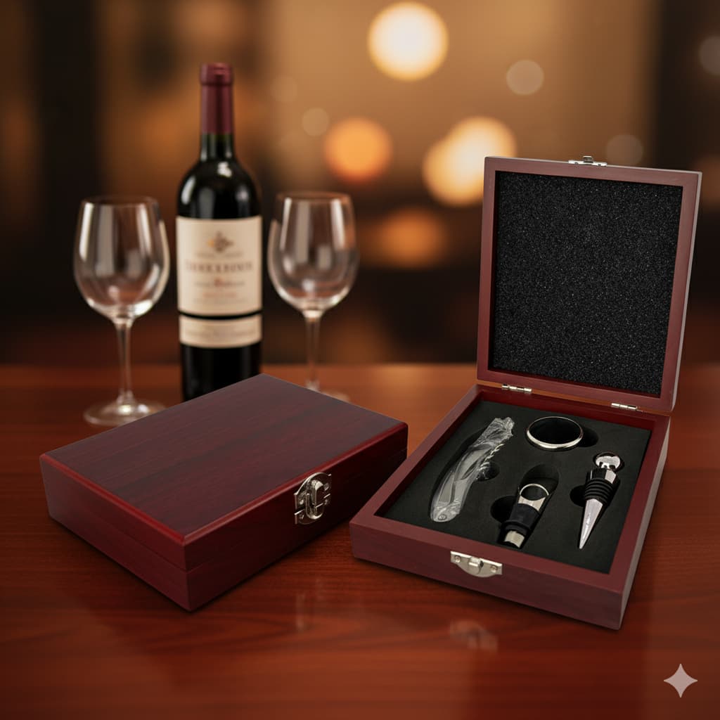 Kit Acessórios para Vinho com Estojo de Madeira Luxo 4 Peças