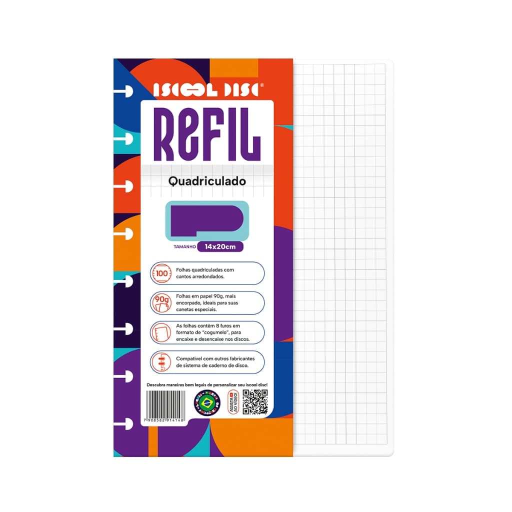 Refil Caderno De Disco Iscool Inteligente Quadriculado Inteligente 90g 100 Folhas