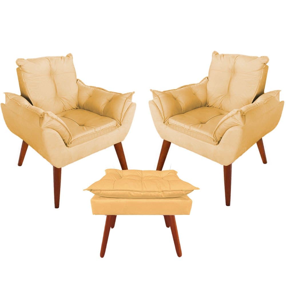 2 Cadeiras Poltronas Confortável + Puff Opala Decoração Para Quarto e Sala de Estar