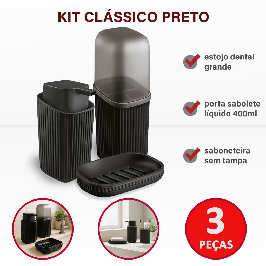 Kit Banheiro 3 Peças Usual Porta Escova com Tampa Sabonete Líquido e Saboneteira Cores Variadas
