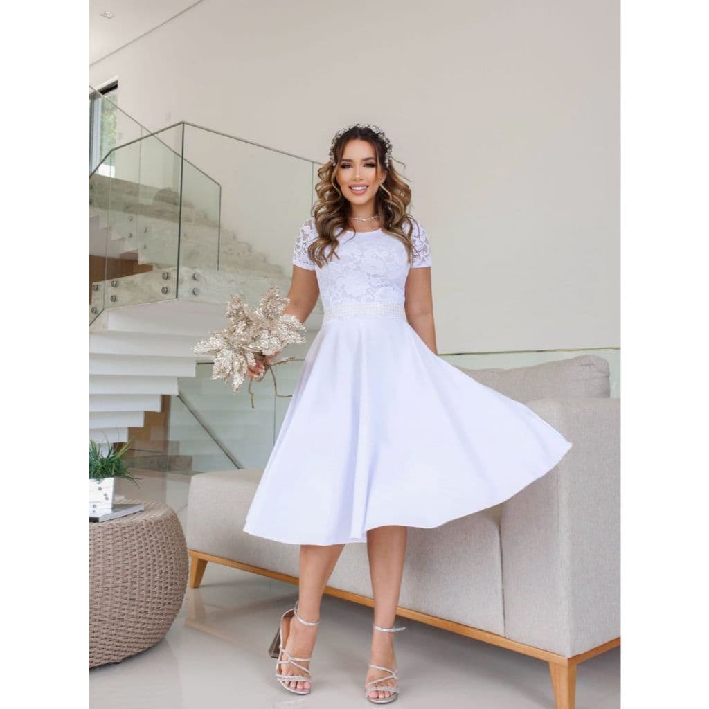 Vestido Midi de Luxo Manga Longa e Manga Curta Piquet Com Renda Moda Evangêlica e Para Noivas