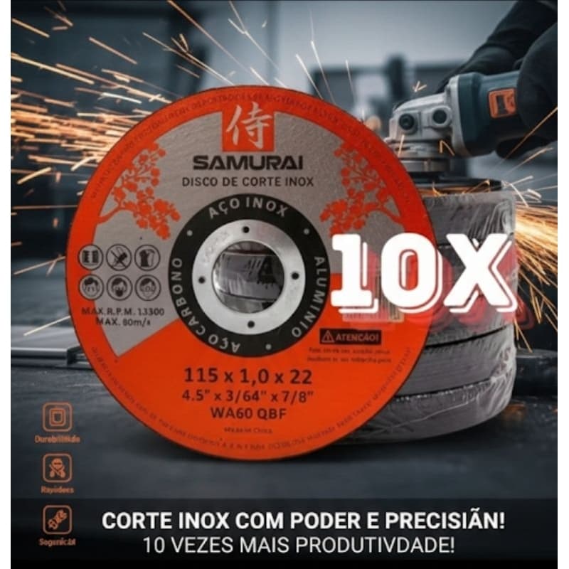 Kit 10 Discos de Corte 4.1/2 Aço Inox P/Esmerilhadeira
