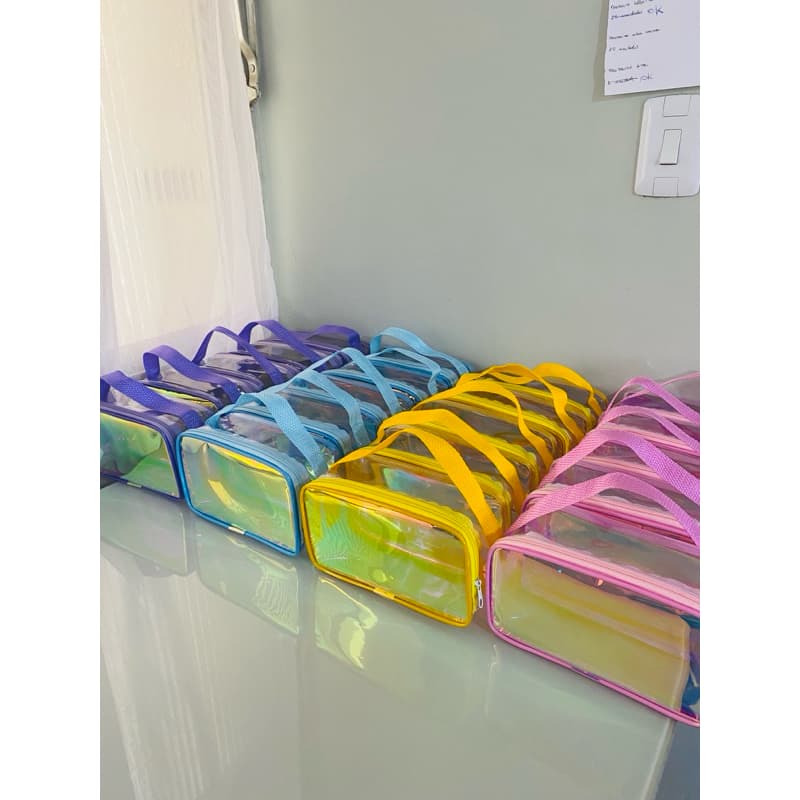 Kit 5 UNIDADES  Necessaire Estojo de Plástico Holográfico e Cristal para Maquiagem Kit Higiene Adulto Infantil Escolar